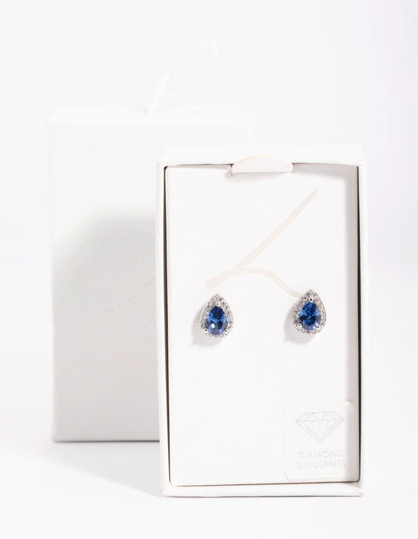 Blue Cubic Zirconia Pear Halo Stud Earrings
