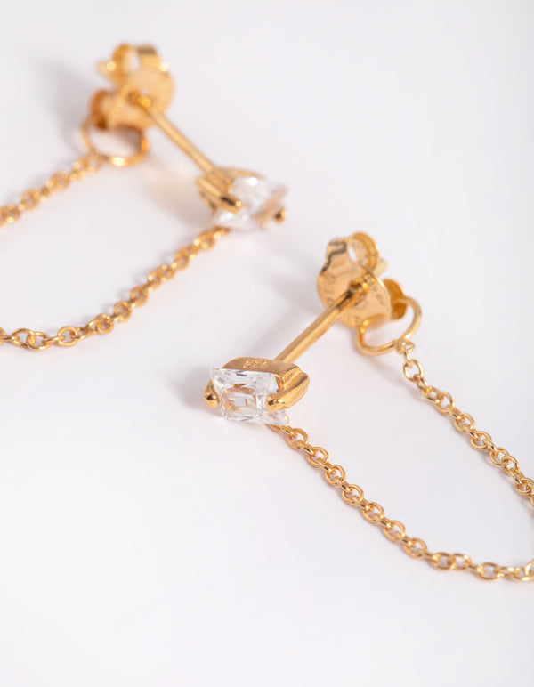 Gold Plated Sterling Silver Cubic Zirconia Chain Stud Earrings