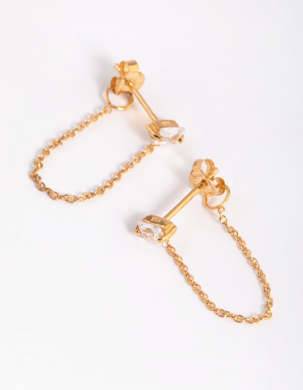 Gold Plated Sterling Silver Cubic Zirconia Chain Stud Earrings