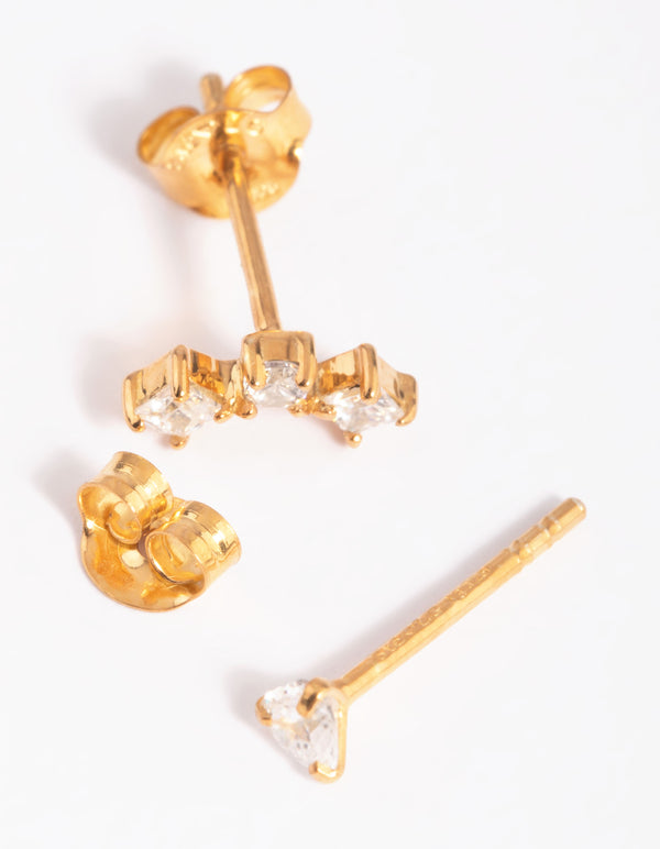 Gold Plated Sterling Silver Mismatched Diamante Stud Earrings