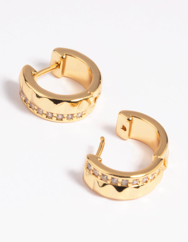 Gold Plated Cubic Zirconia Textured Huggie Hoop Earrings