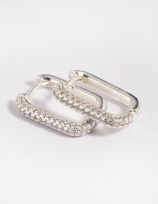 Silver Plated Brass  Cubic Zirconia Rectangular Hoop Earrings