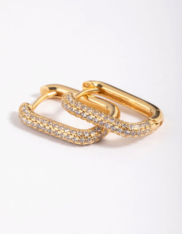 Gold Plated Brass Cubic Zirconia Rectangular Hoop Earrings