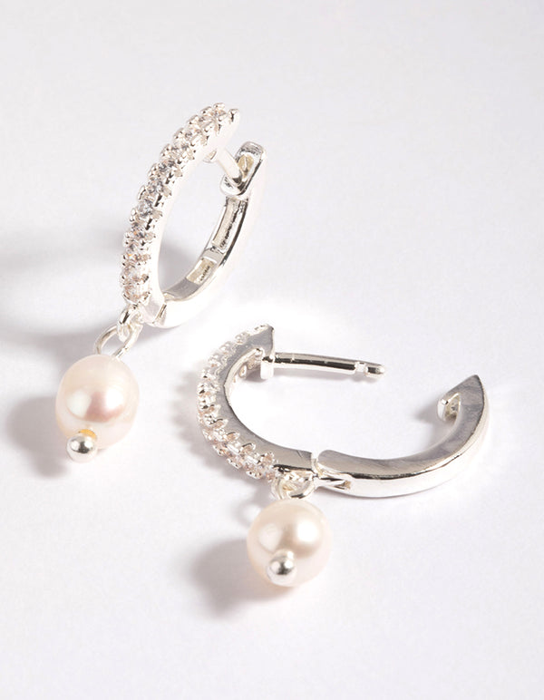 Silver Plated Brass  Cubic Zirconia Pearl Huggie Hoop Earrings