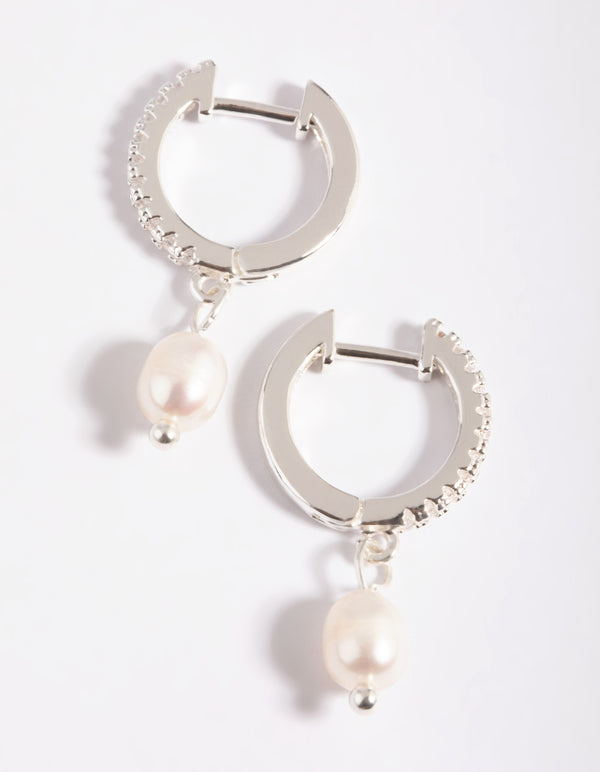 Silver Plated Brass  Cubic Zirconia Pearl Huggie Hoop Earrings