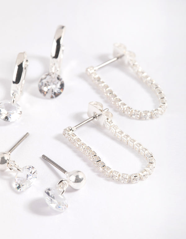 Silver Plated Brass  Cubic Zirconia Earring Stack 6-Pack