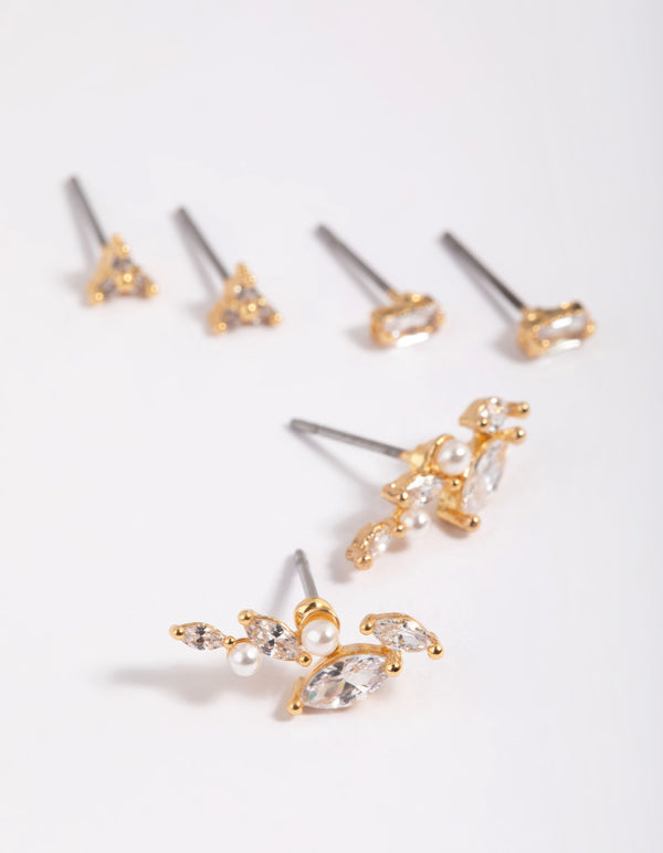 Gold Plated Brass Cubic Zirconia & Pearl Leaf Earring Stack 6-Pack