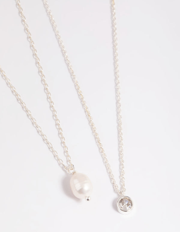 Silver Plated Freshwater Pearl & Cubic Zirconia 'Mini Me' Necklace Set