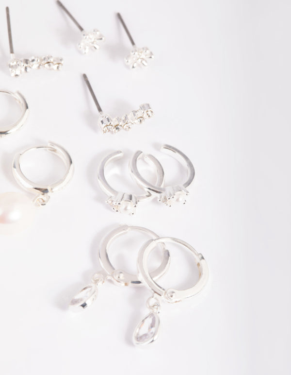 Silver Diamante & Freshwater Pearl Huggie Hoop Earrings