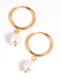 Waterproof Gold Plated Stainless Steel Freshwater Pearl Thin Huggie Hoop Earrings - link has visual effect only