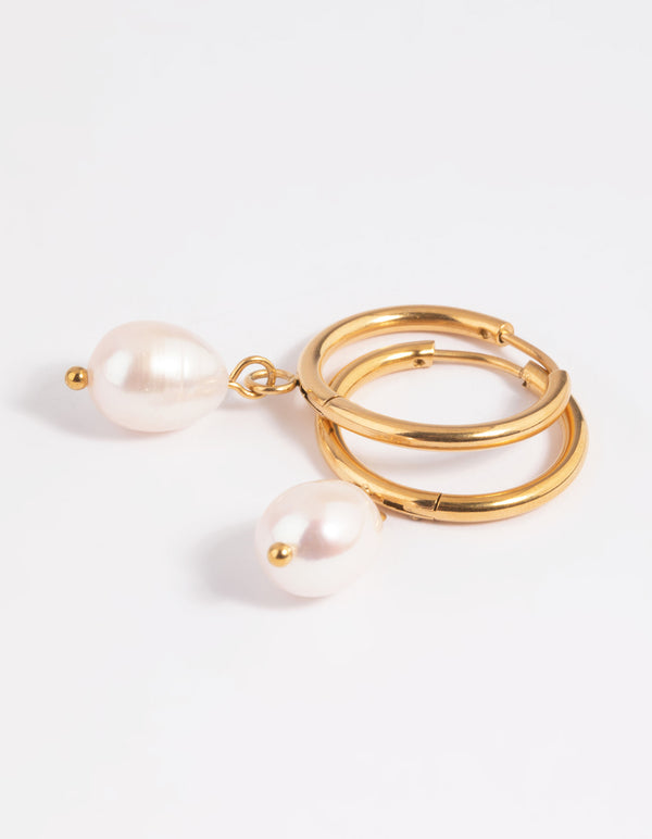 Waterproof Gold Plated Stainless Steel Freshwater Pearl Thin Huggie Hoop Earrings