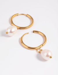 Waterproof Gold Plated Stainless Steel Freshwater Pearl Thin Huggie Hoop Earrings - link has visual effect only