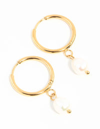 Waterproof Gold Plated Stainless Steel Freshwater Pearl Thin Huggie Hoop Earrings - link has visual effect only