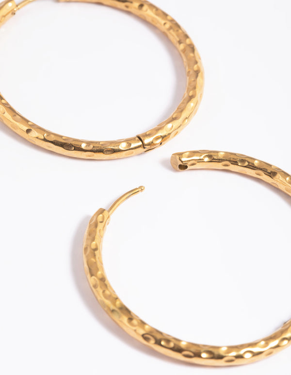 Gold Plated Stainless Steel Textured Large Huggie Hoop Earrings
