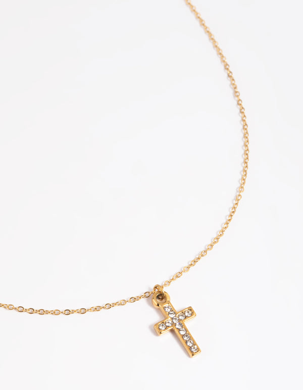 Gold Plated Stainless Steel Cubic Zirconia Cross Necklace