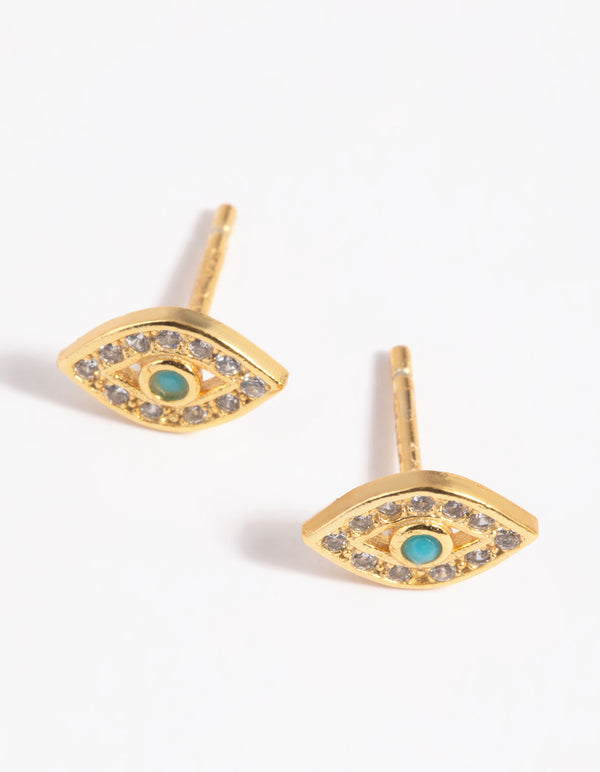 Gold Plated Sterling Silver Cubic Zirconia Evil Eye Stud Earrings