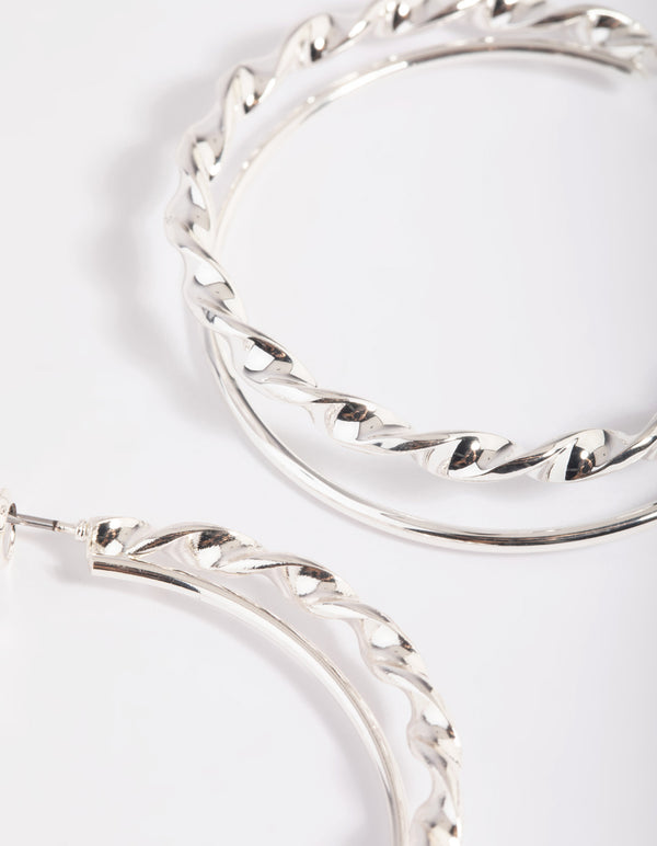 Rhodium Double Twisted Hoop Earrings