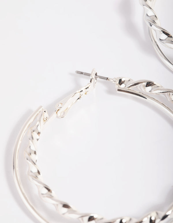Rhodium Double Twisted Hoop Earrings