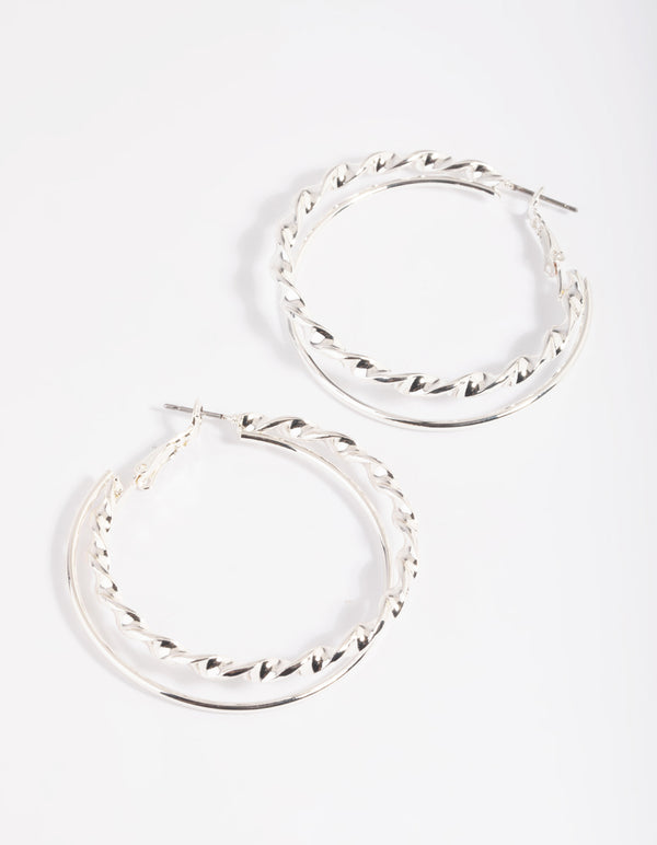 Rhodium Double Twisted Hoop Earrings
