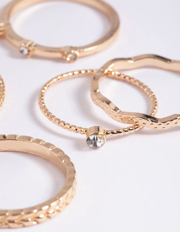 Gold Textured Diamante Ring Stack 5-Pack