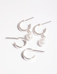 Silver Simple Pearl Huggie Earrings Pack - link has visual effect only