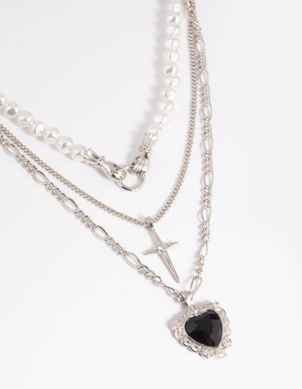 Rhodium Pearl Heart Star Layered Necklace