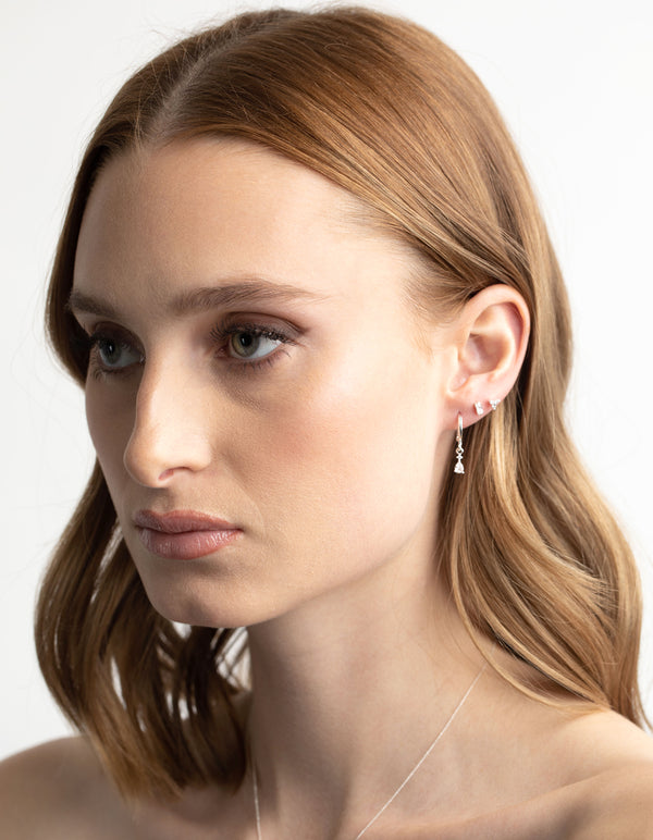 Silver Plated Brass  Pear Huggie Hoop Earring Stack 6-Pack