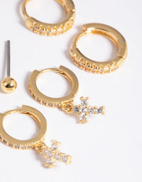 Gold Plated Brass Cubic Zirconia Pave Cross Earring Stack 6-Pack - link has visual effect only