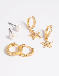 Gold Plated Brass Cubic Zirconia Pearl & Star Earring Stack 6-Pack - link has visual effect only
