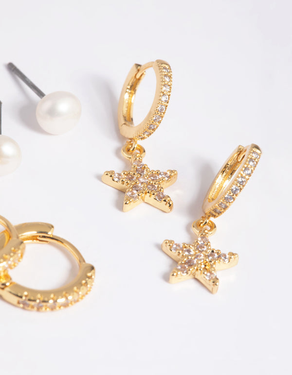 Gold Plated Brass Cubic Zirconia Pearl & Star Earring Stack 6-Pack