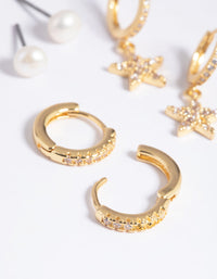 Gold Plated Brass Cubic Zirconia Pearl & Star Earring Stack 6-Pack - link has visual effect only