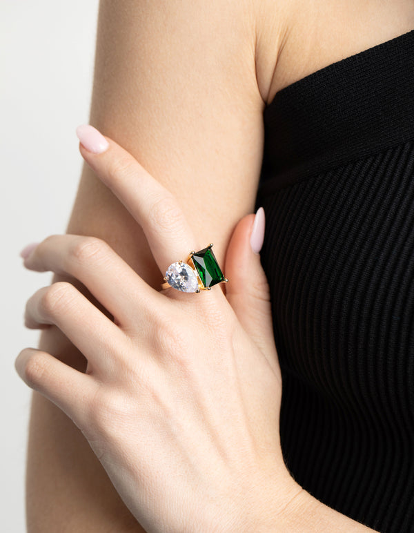 Rhodium Cubic Zirconia Green Statement Ring