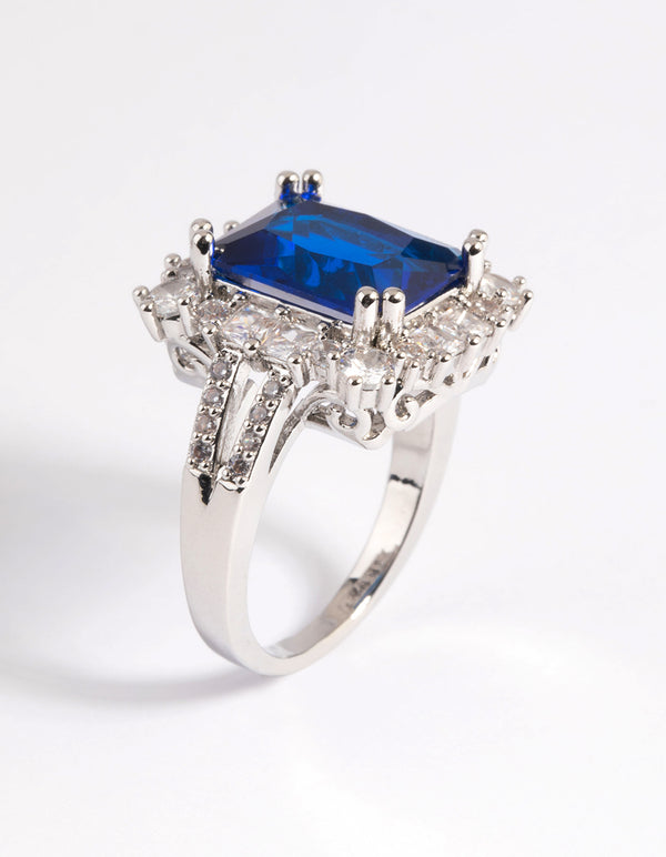 Silver Blue Cubic Zirconia Asscher Ring