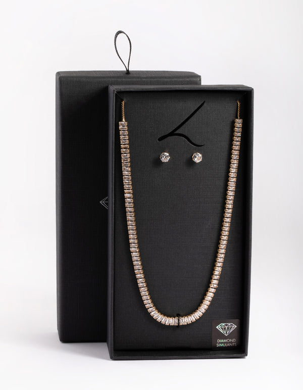 Diamond Simulant Gold Baguette Earrings & Necklace