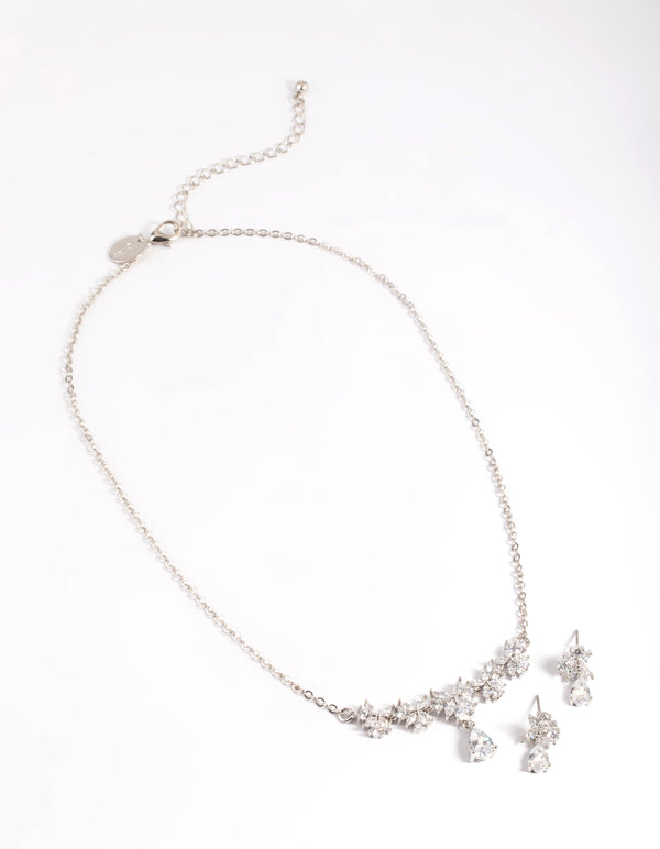 Silver Diamond Simulant Dainty Flower Earrings & Necklace