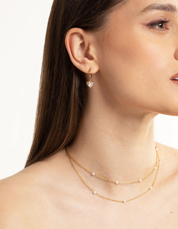 Waterproof Gold Plated Stainless Steel Cubic Zirconia Heart Huggie Earrings