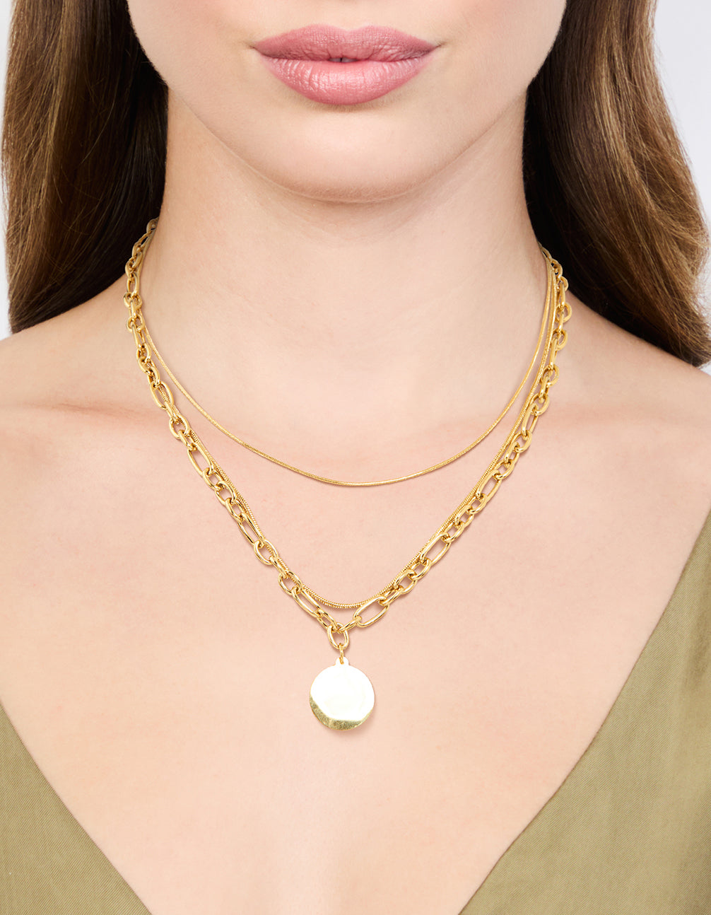 Waterproof Gold Plated Stainless Steel Oval Chunky Disc Layered Necklace