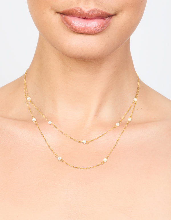 Waterproof Gold Plated Stainless Steel Dainty Freshwater Pearl Double Layer Necklace