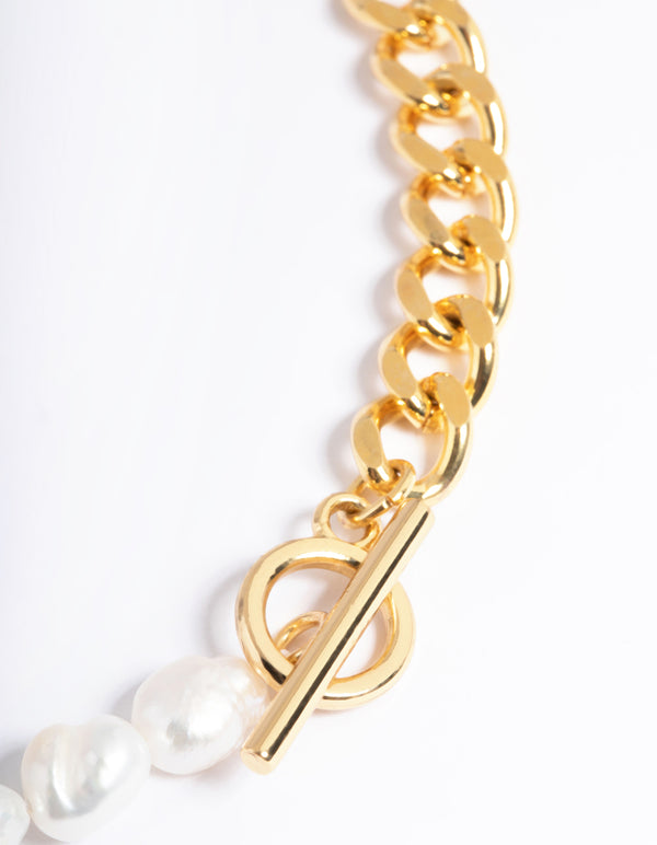 Waterproof Gold Plated Stainless Steel Freshwater Pearl & Chain Necklace
