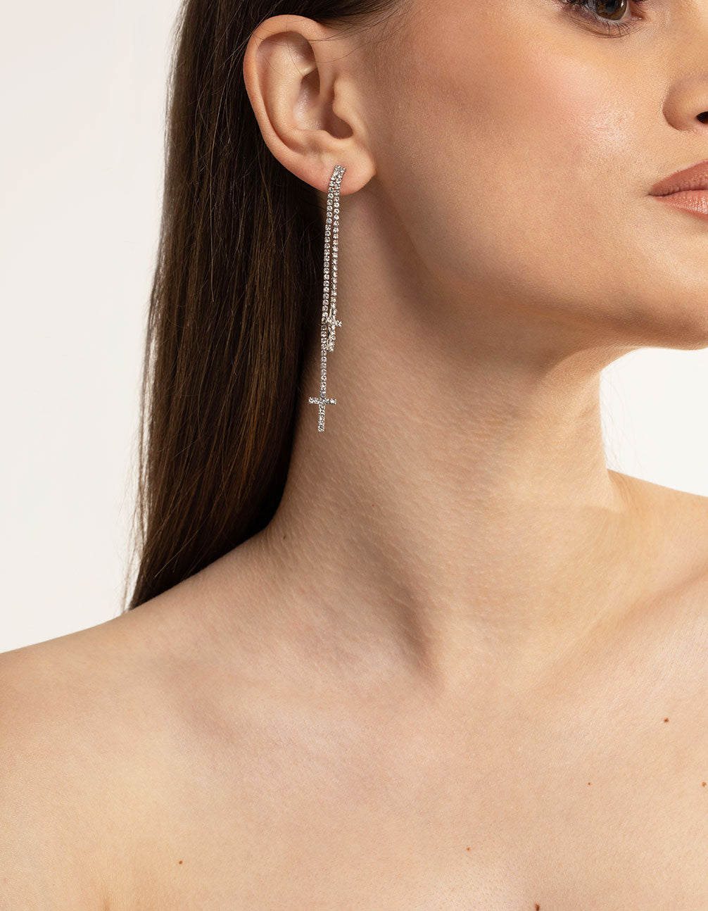 Silver Double Cross Stone Drop Earrings