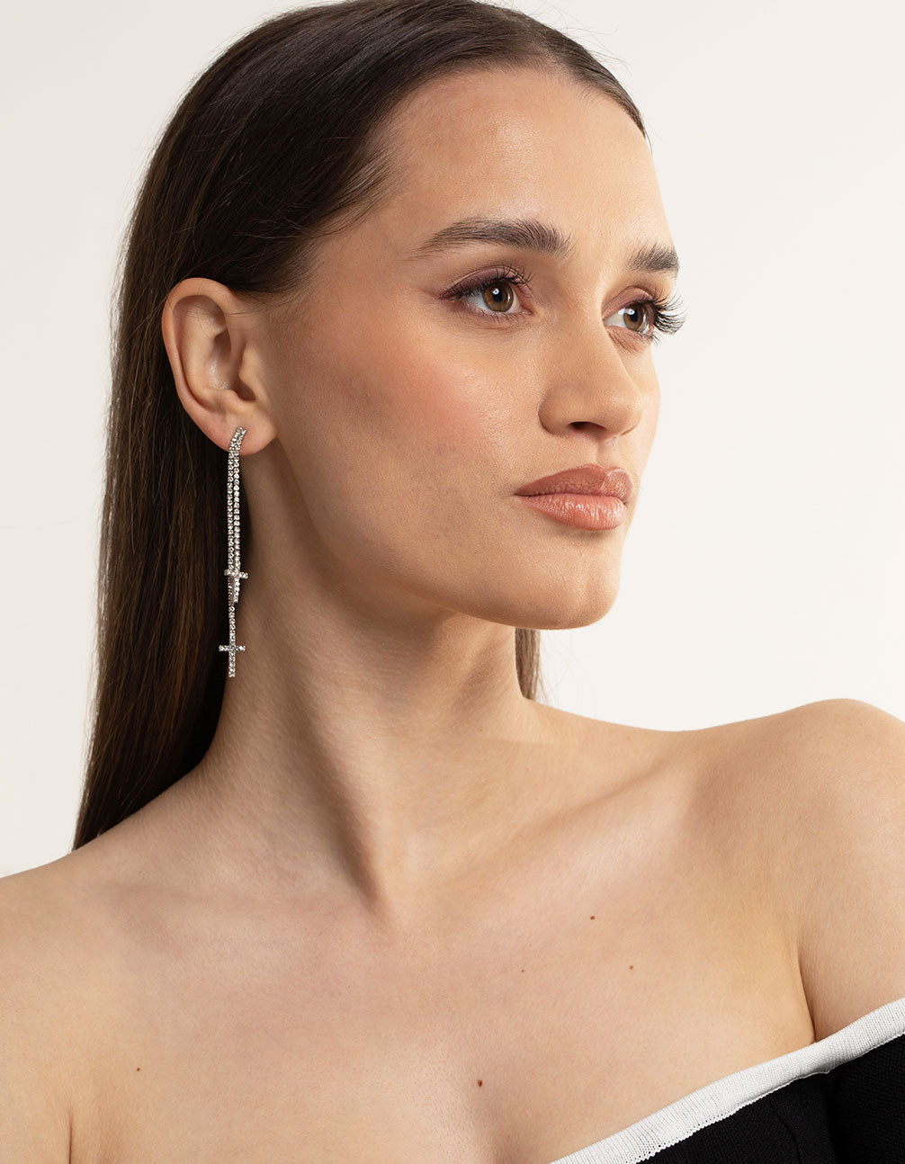 Silver Double Cross Stone Drop Earrings