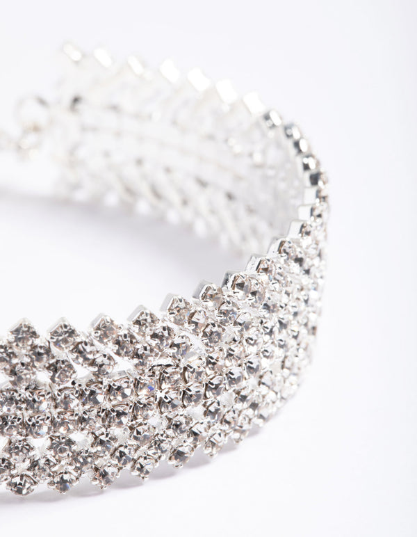 Silver 9 Row Twist Diamante Wrist Cuff