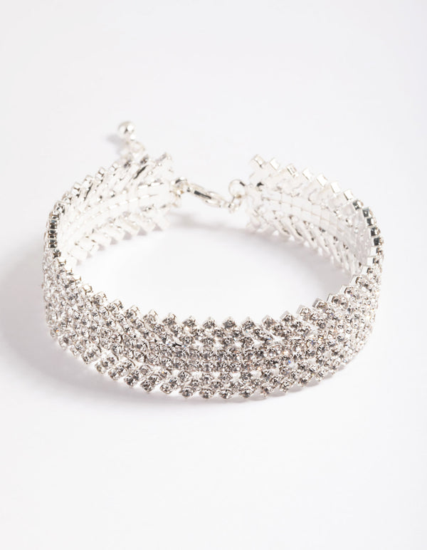 Silver 9 Row Twist Diamante Wrist Cuff