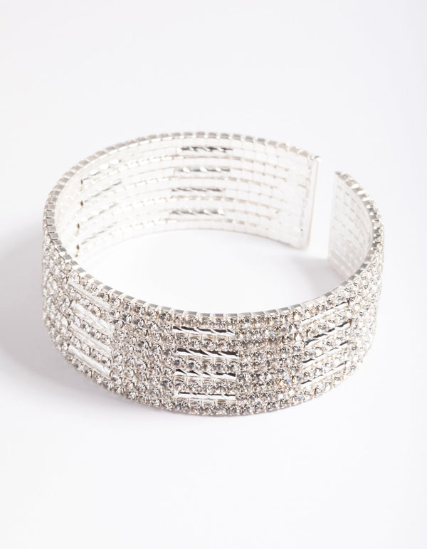 Silver Spiky 4 Row Diamante Wrist Cuff