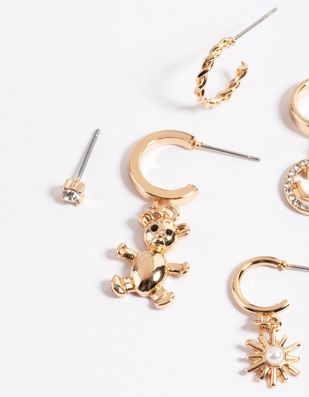 Gold Smiley & Bear Diamante Stack Earrings