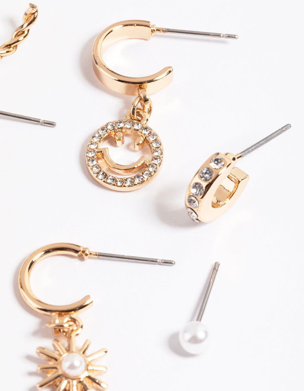 Gold Smiley & Bear Diamante Stack Earrings