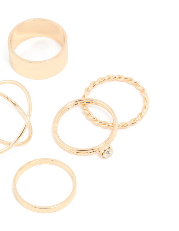 Gold Thick & Diamante Stack Ring 8-Pack