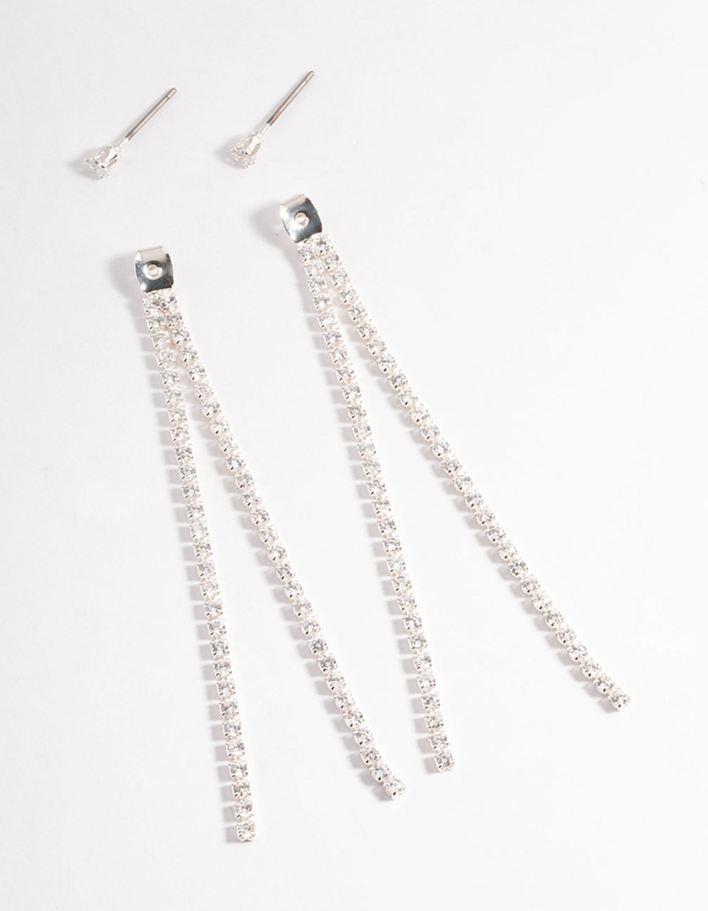 Silver Cubic Zirconia Cup Chain Back & Front Sandwich Earrings