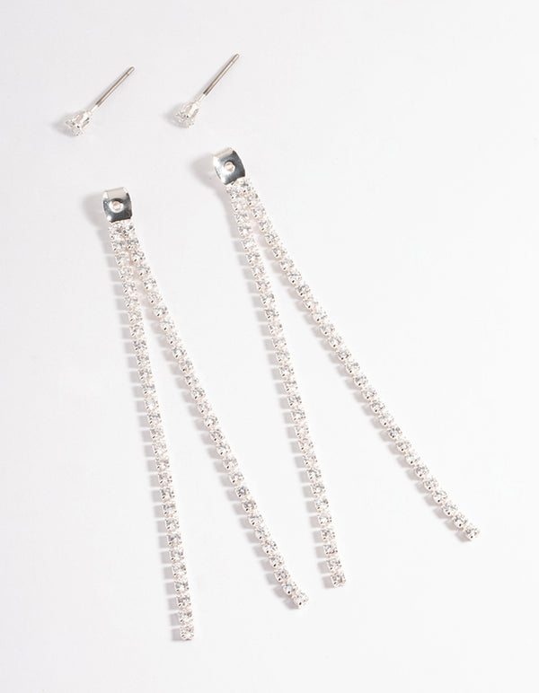 Silver Cubic Zirconia Cup Chain Back & Front Sandwich Earrings