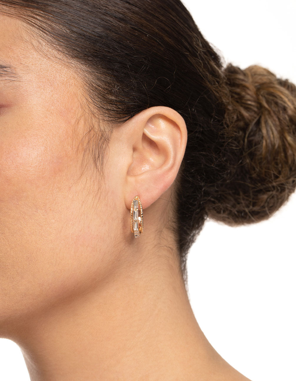 Gold Three Hoop Diamante Earrings